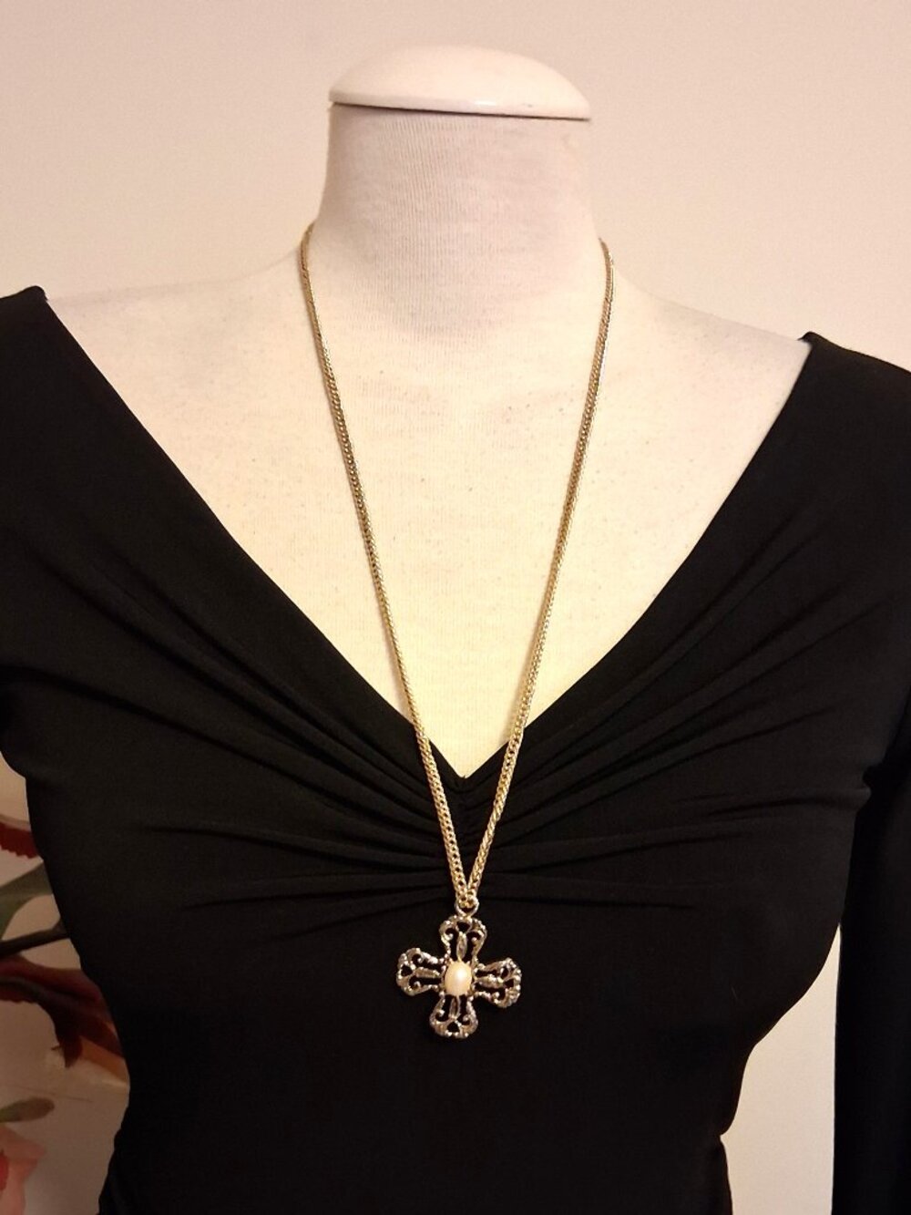 Vintage Large Cross Pearl Pendant Gold Plated Statement Necklace